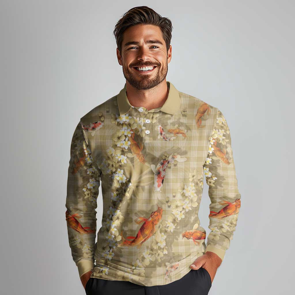 Beige Palaka Hawaiian And Japanese Long Sleeve Polo Shirt Sakura Lei With Koi Fish DT05 - Polynesian Pride