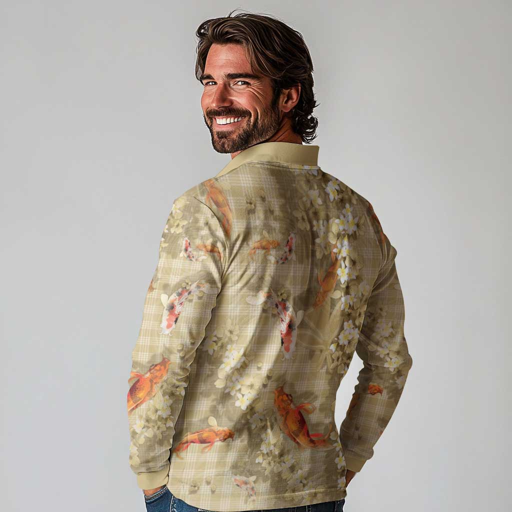 Beige Palaka Hawaiian And Japanese Long Sleeve Polo Shirt Sakura Lei With Koi Fish DT05 - Polynesian Pride