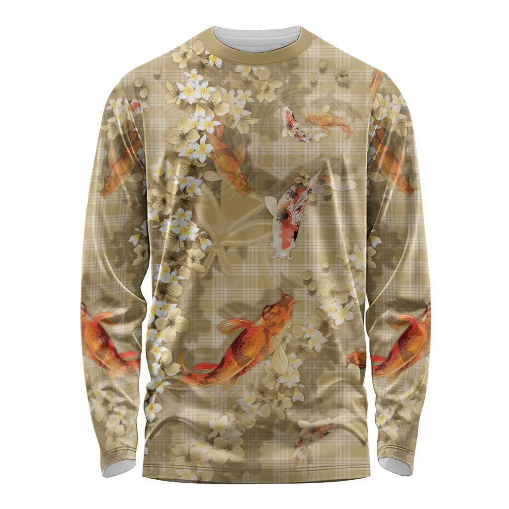 Beige Palaka Hawaiian And Japanese Long Sleeve Shirt Sakura Lei With Koi Fish DT05 Unisex Beige - Polynesian Pride