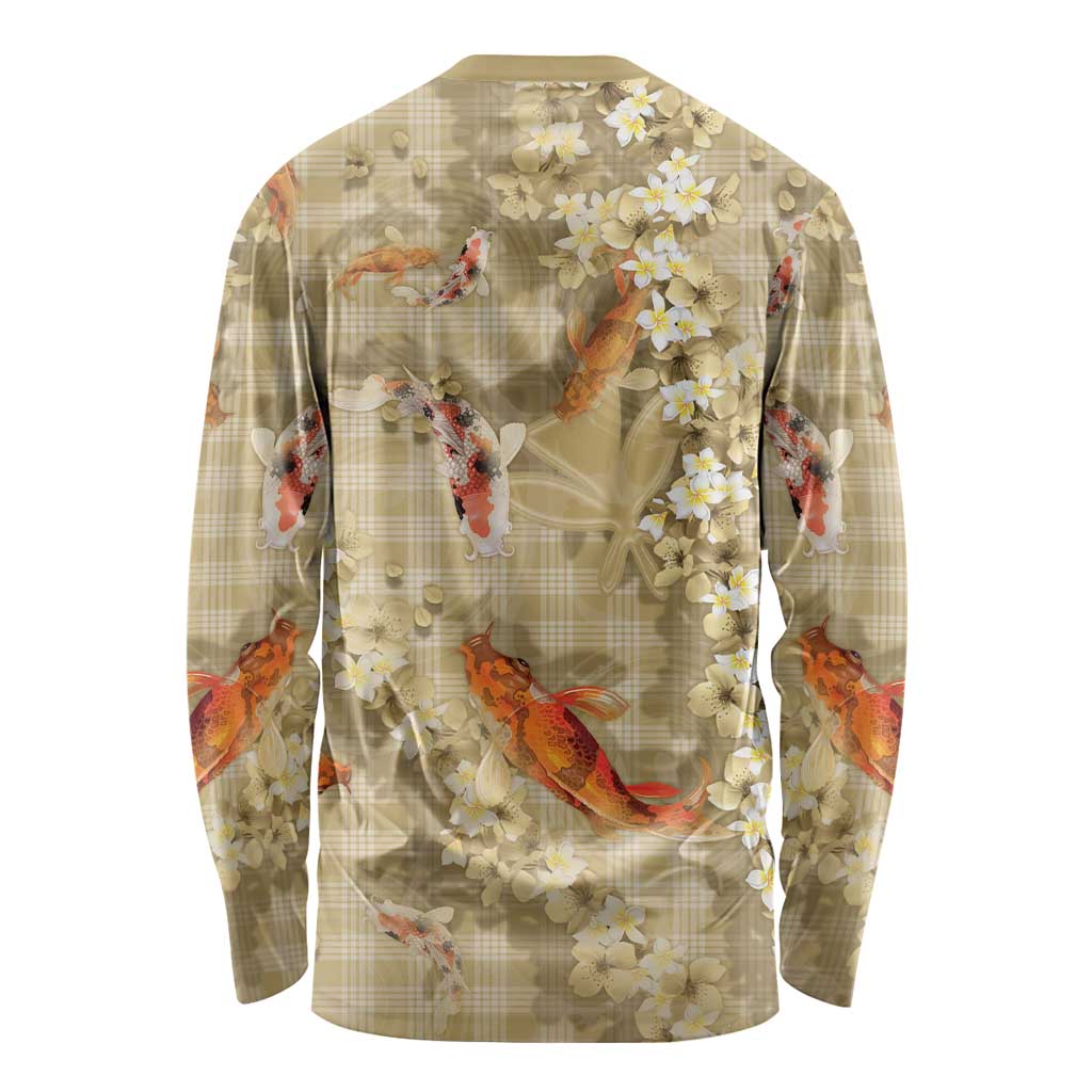 Beige Palaka Hawaiian And Japanese Long Sleeve Shirt Sakura Lei With Koi Fish DT05 - Polynesian Pride