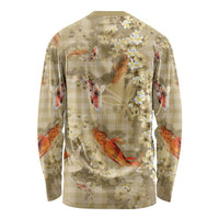 Beige Palaka Hawaiian And Japanese Long Sleeve Shirt Sakura Lei With Koi Fish DT05 - Polynesian Pride