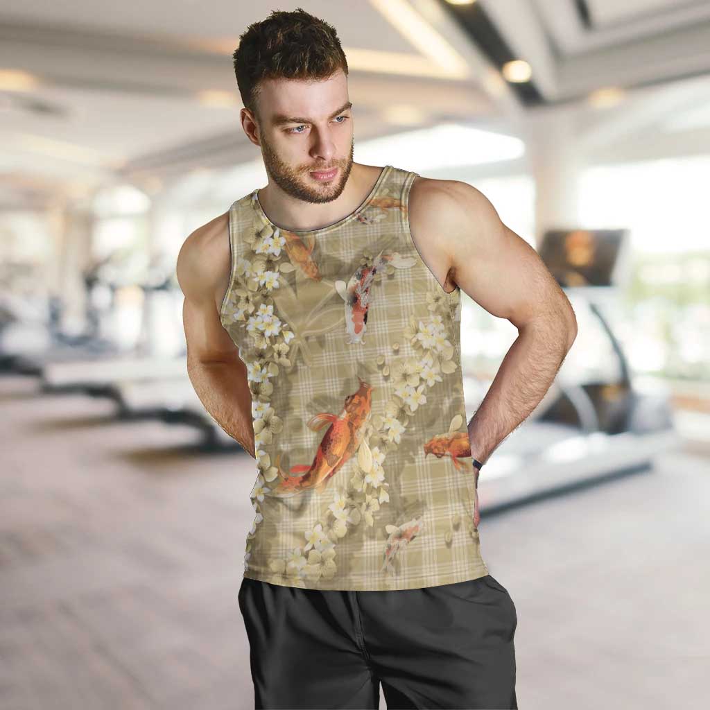 Beige Palaka Hawaiian And Japanese Men Tank Top Sakura Lei With Koi Fish DT05 Beige - Polynesian Pride