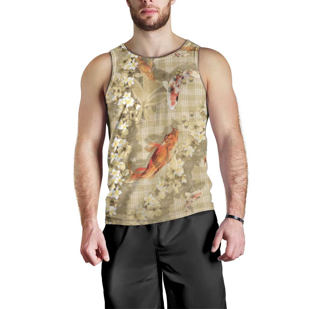Beige Palaka Hawaiian And Japanese Men Tank Top Sakura Lei With Koi Fish DT05 - Polynesian Pride