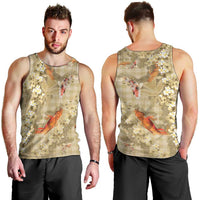 Beige Palaka Hawaiian And Japanese Men Tank Top Sakura Lei With Koi Fish DT05 - Polynesian Pride