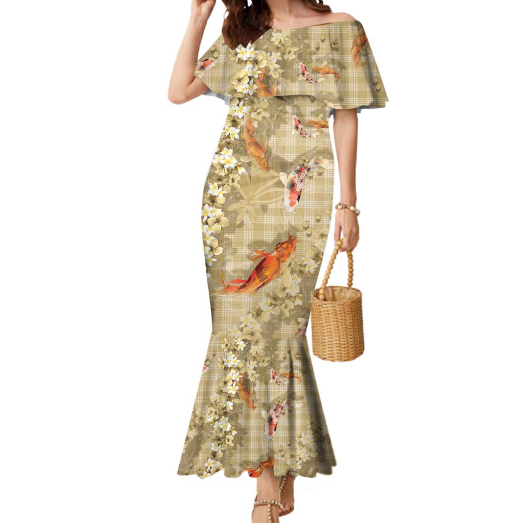 Beige Palaka Hawaiian And Japanese Mermaid Dress Sakura Lei With Koi Fish - Polynesian Pride