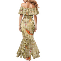 Beige Palaka Hawaiian And Japanese Mermaid Dress Sakura Lei With Koi Fish - Polynesian Pride