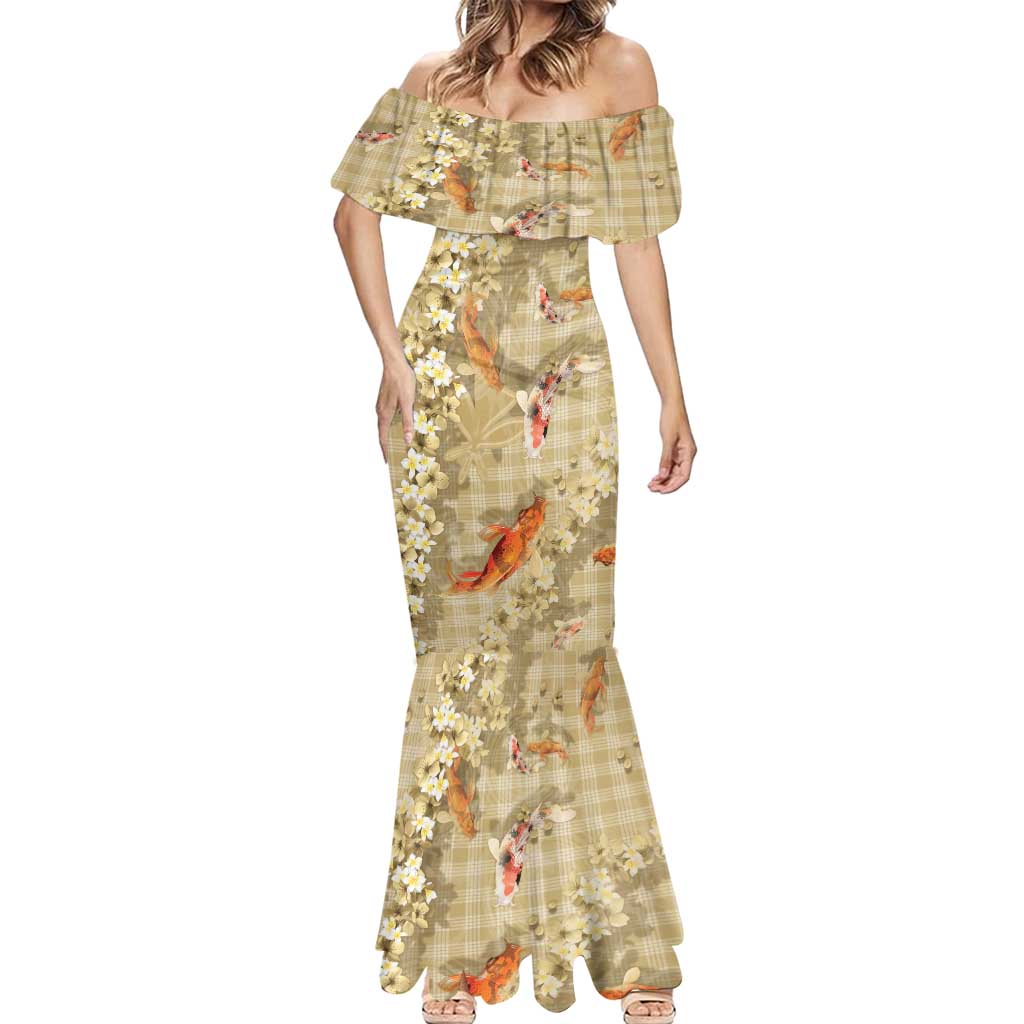 Beige Palaka Hawaiian And Japanese Mermaid Dress Sakura Lei With Koi Fish - Polynesian Pride