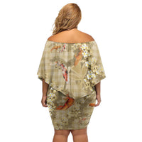 Beige Palaka Hawaiian And Japanese Off Shoulder Short Dress Sakura Lei With Koi Fish - Polynesian Pride