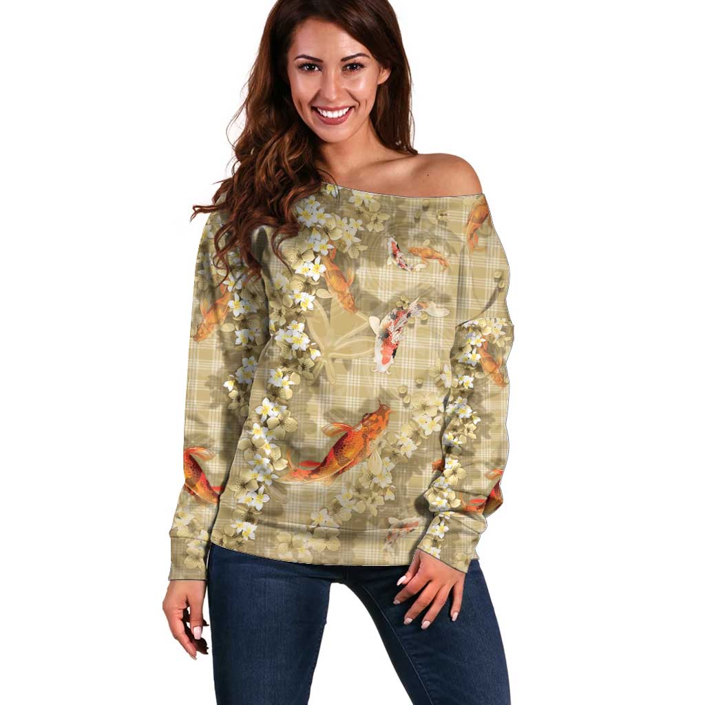 Beige Palaka Hawaiian And Japanese Off Shoulder Sweater Sakura Lei With Koi Fish - Polynesian Pride