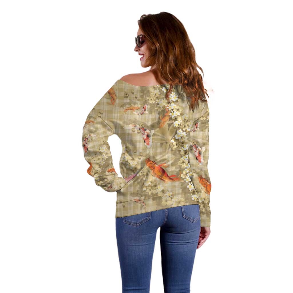 Beige Palaka Hawaiian And Japanese Off Shoulder Sweater Sakura Lei With Koi Fish - Polynesian Pride