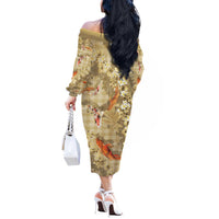 Beige Palaka Hawaiian And Japanese Off The Shoulder Long Sleeve Dress Sakura Lei With Koi Fish - Polynesian Pride