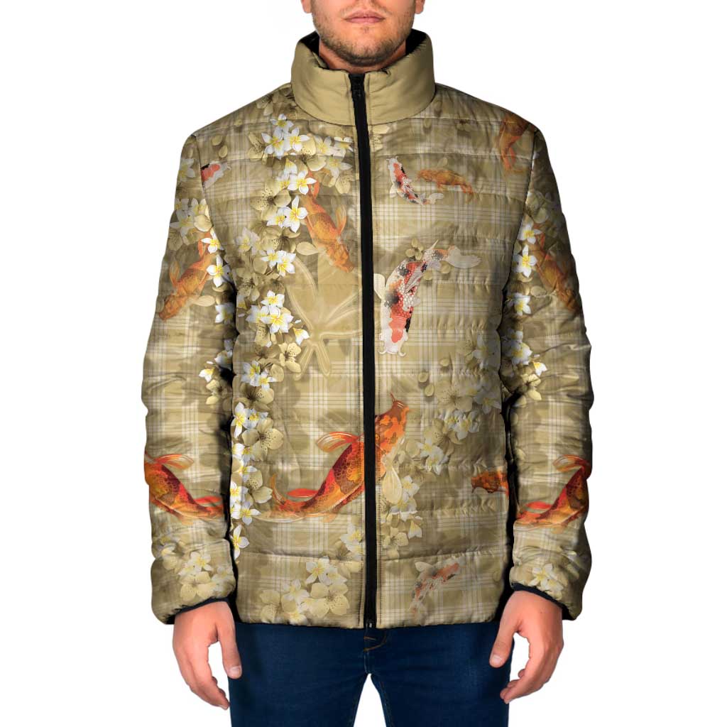 Beige Palaka Hawaiian And Japanese Padded Jacket Sakura Lei With Koi Fish DT05 Men Beige - Polynesian Pride