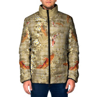 Beige Palaka Hawaiian And Japanese Padded Jacket Sakura Lei With Koi Fish DT05 Men Beige - Polynesian Pride