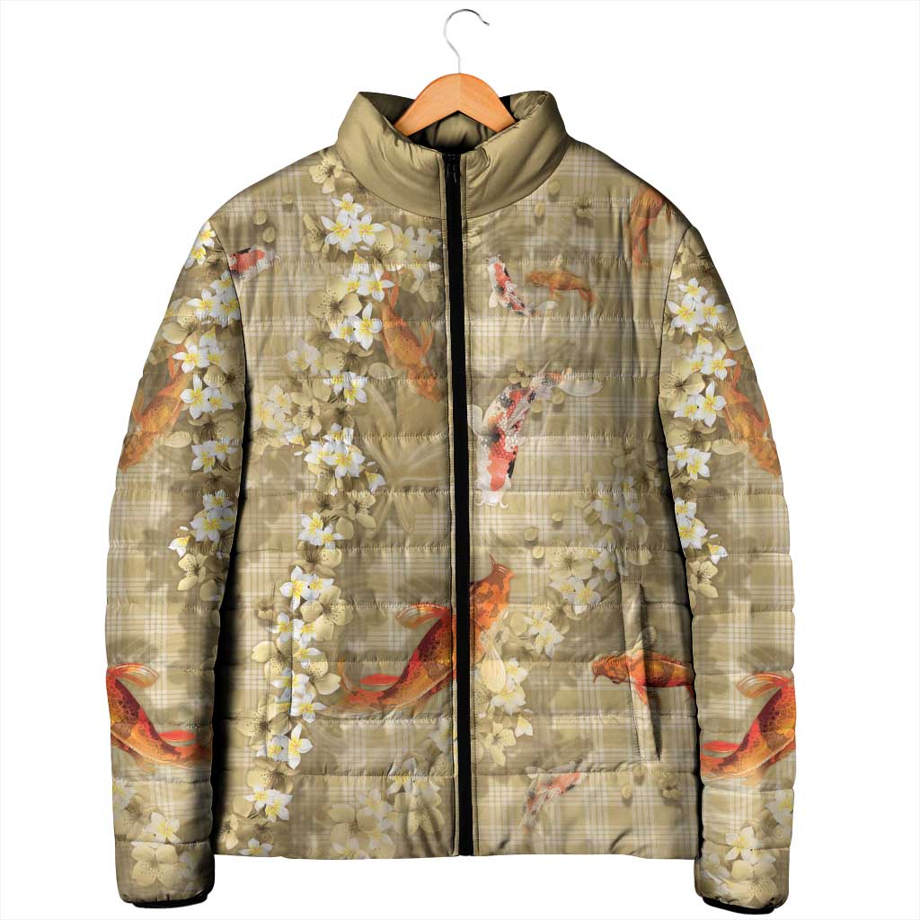 Beige Palaka Hawaiian And Japanese Padded Jacket Sakura Lei With Koi Fish DT05 - Polynesian Pride