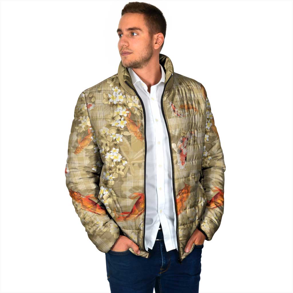 Beige Palaka Hawaiian And Japanese Padded Jacket Sakura Lei With Koi Fish DT05 - Polynesian Pride
