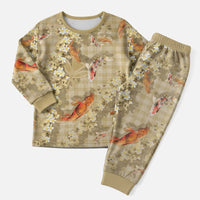 Beige Palaka Hawaiian And Japanese Christmas Pajama Set Sakura Lei With Koi Fish - Polynesian Pride