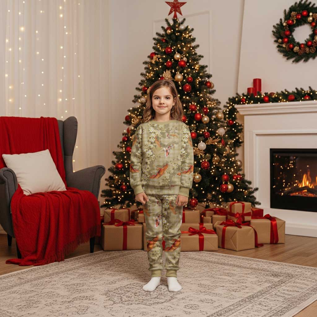 Beige Palaka Hawaiian And Japanese Christmas Pajama Set Sakura Lei With Koi Fish - Polynesian Pride