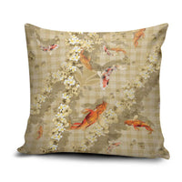 Beige Palaka Hawaiian And Japanese Pillow Cover Sakura Lei With Koi Fish - Polynesian Pride
