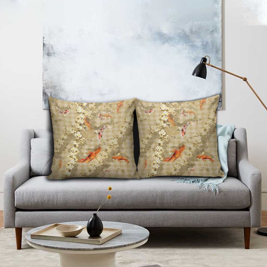 Beige Palaka Hawaiian And Japanese Pillow Cover Sakura Lei With Koi Fish - Polynesian Pride