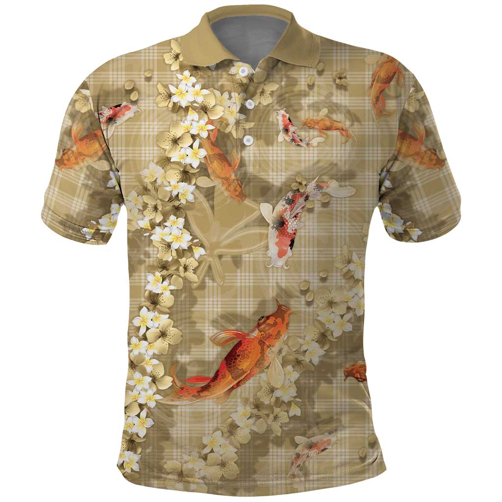 Beige Palaka Hawaiian And Japanese Polo Shirt Sakura Lei With Koi Fish - Polynesian Pride