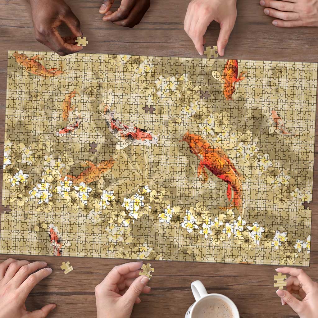 Beige Palaka Hawaiian And Japanese Puzzle Sakura Lei With Koi Fish DT05 - Polynesian Pride