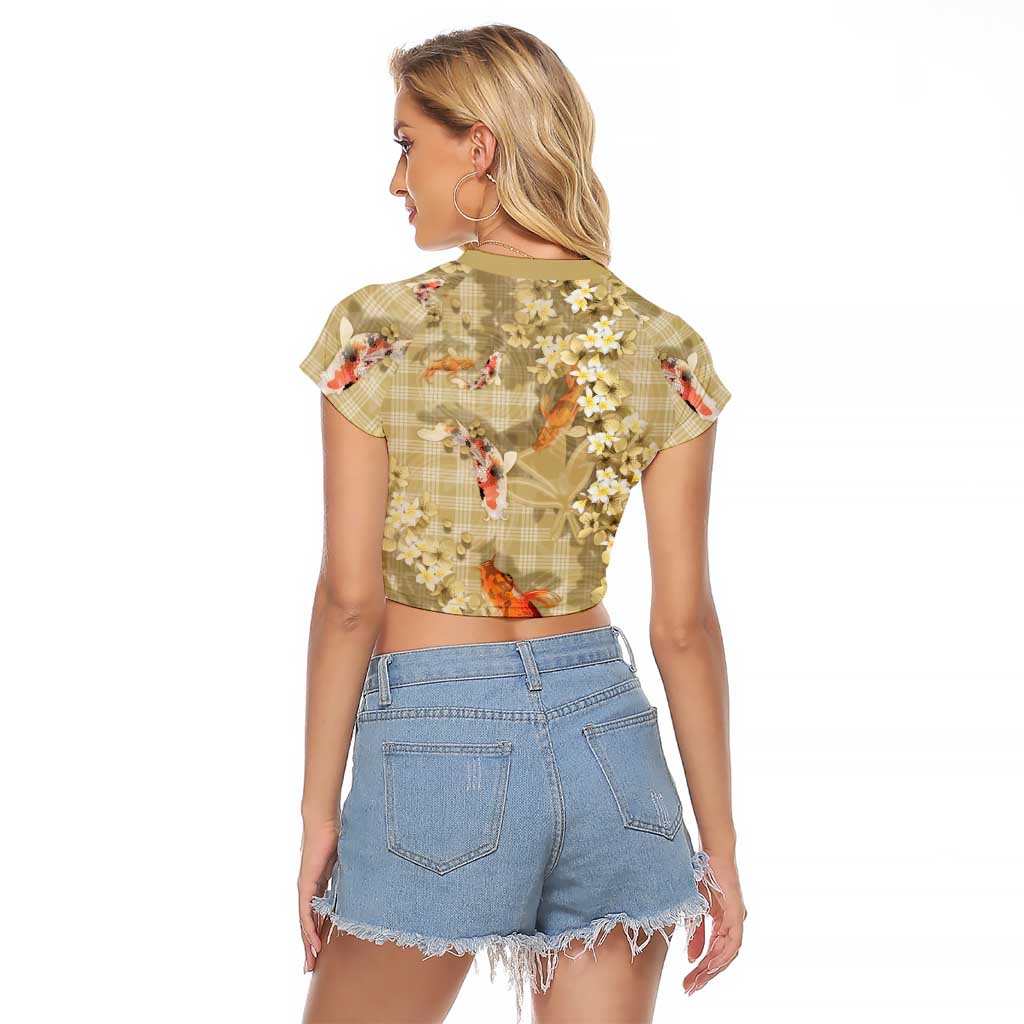 Beige Palaka Hawaiian And Japanese Raglan Cropped T Shirt Sakura Lei With Koi Fish DT05 - Polynesian Pride