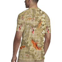 Beige Palaka Hawaiian And Japanese Rugby Jersey Sakura Lei With Koi Fish - Polynesian Pride