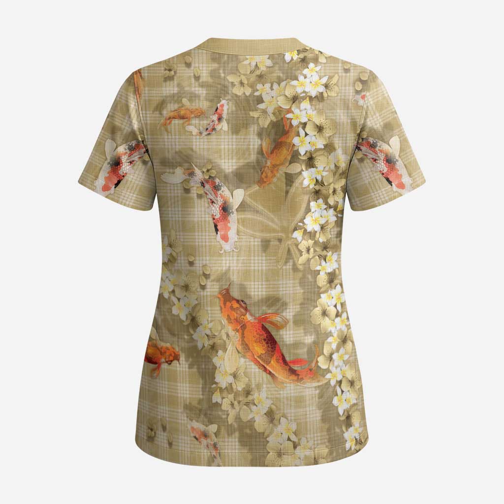 Beige Palaka Hawaiian And Japanese Scrub Top Sakura Lei With Koi Fish DT05 - Polynesian Pride