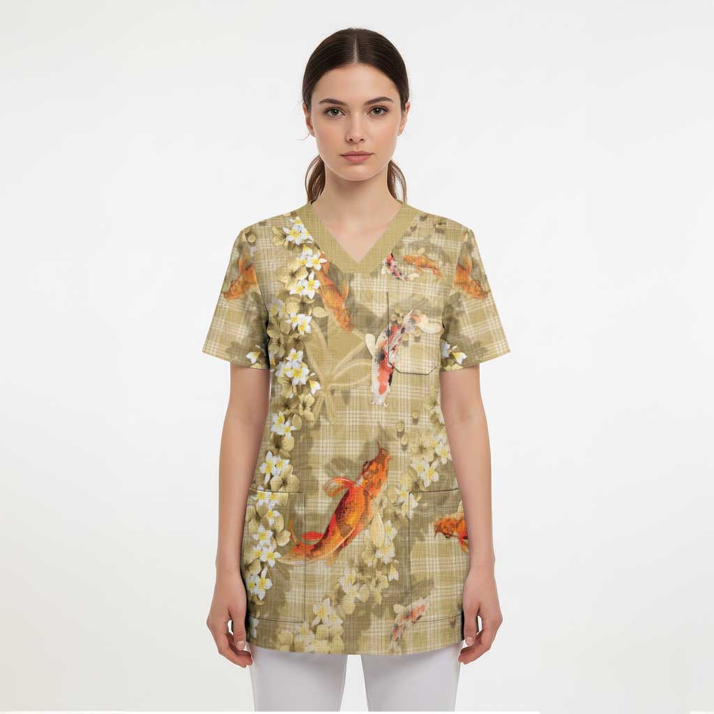 Beige Palaka Hawaiian And Japanese Scrub Top Sakura Lei With Koi Fish DT05 - Polynesian Pride