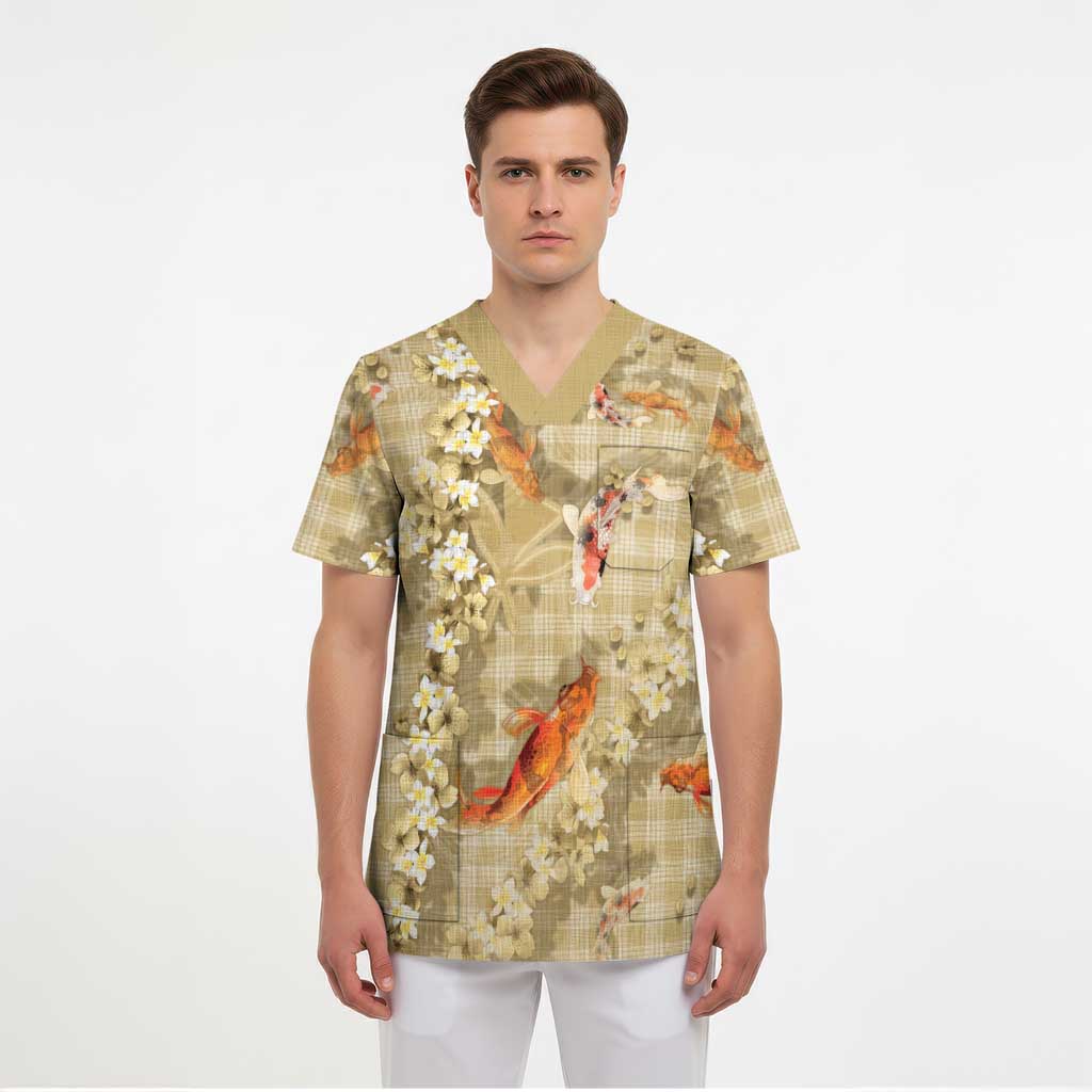 Beige Palaka Hawaiian And Japanese Scrub Top Sakura Lei With Koi Fish DT05 - Polynesian Pride
