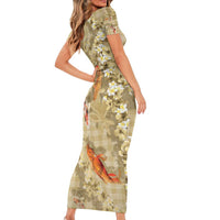 Beige Palaka Hawaiian And Japanese Short Sleeve Bodycon Dress Sakura Lei With Koi Fish - Polynesian Pride