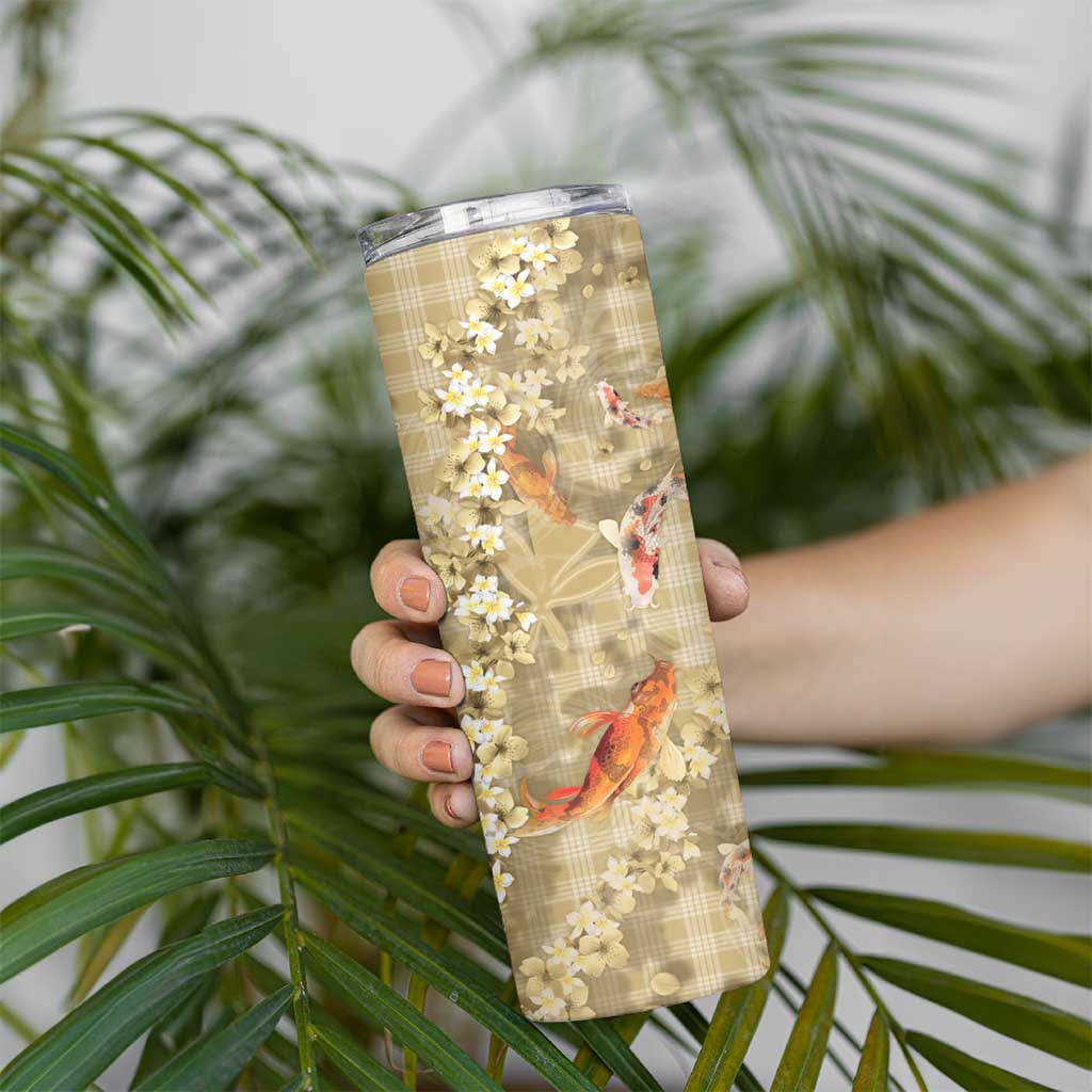 Beige Palaka Hawaiian And Japanese Skinny Tumbler Sakura Lei With Koi Fish - Polynesian Pride