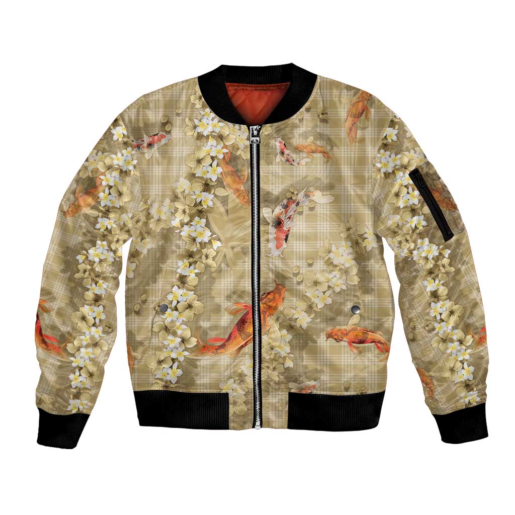 Beige Palaka Hawaiian And Japanese Sleeve Zip Bomber Jacket Sakura Lei With Koi Fish - Polynesian Pride