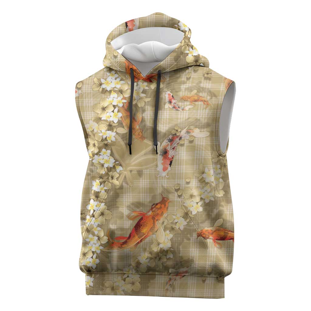 Beige Palaka Hawaiian And Japanese Sleeveless Hoodie Sakura Lei With Koi Fish DT05 Beige - Polynesian Pride