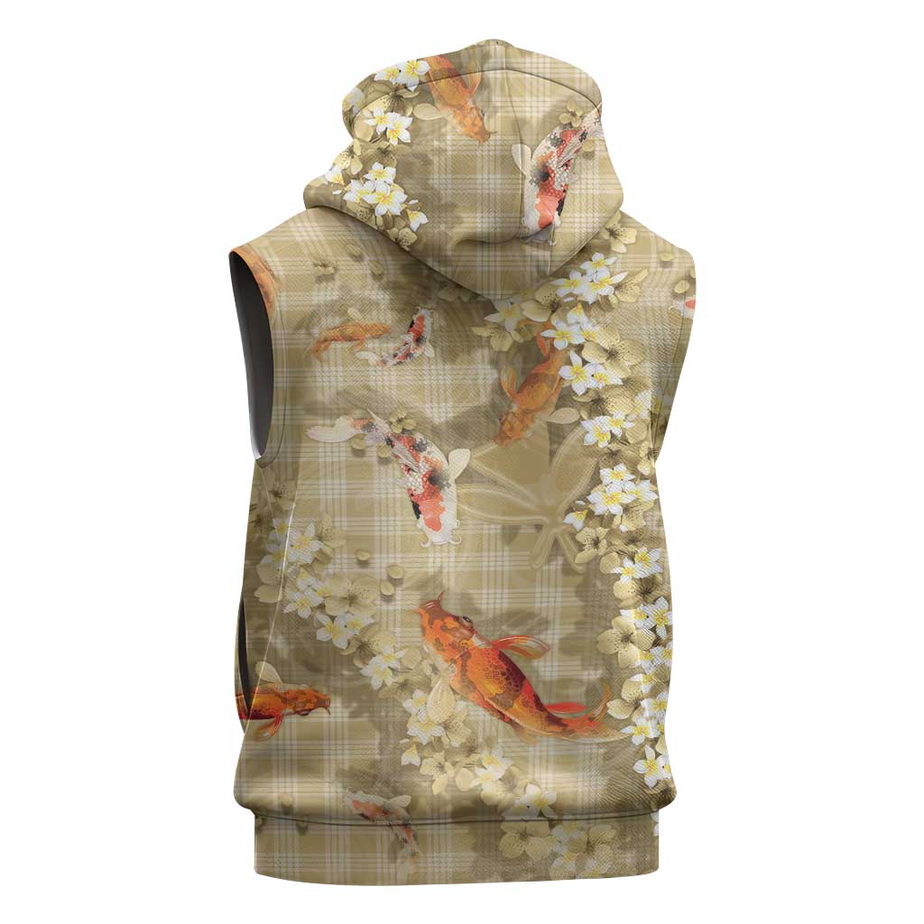 Beige Palaka Hawaiian And Japanese Sleeveless Hoodie Sakura Lei With Koi Fish DT05 - Polynesian Pride