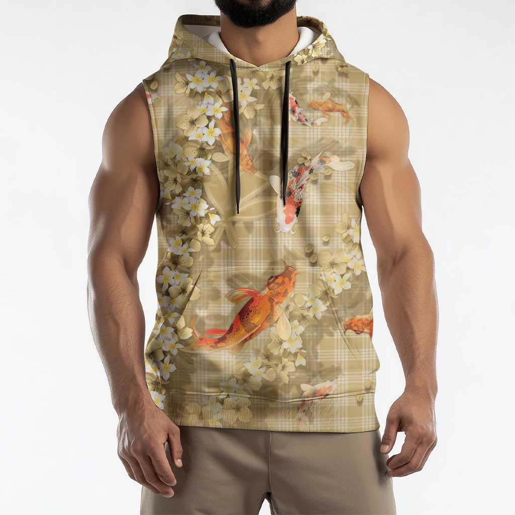 Beige Palaka Hawaiian And Japanese Sleeveless Hoodie Sakura Lei With Koi Fish DT05 - Polynesian Pride