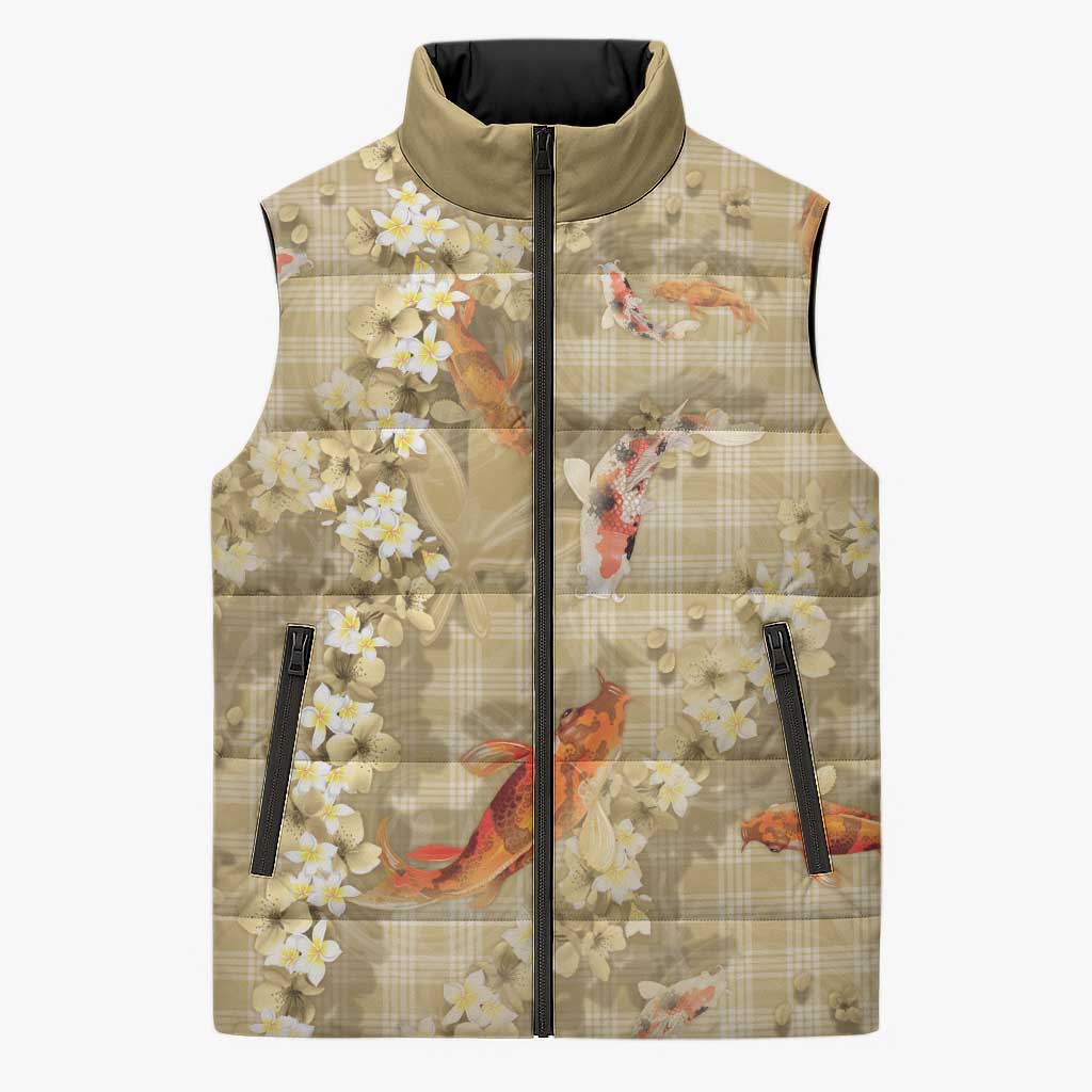 Beige Palaka Hawaiian And Japanese Sleeveless Puffer Jacket Sakura Lei With Koi Fish DT05 Unisex Beige - Polynesian Pride