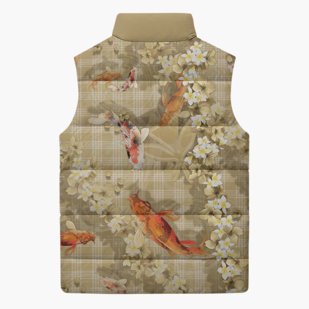 Beige Palaka Hawaiian And Japanese Sleeveless Puffer Jacket Sakura Lei With Koi Fish DT05 - Polynesian Pride