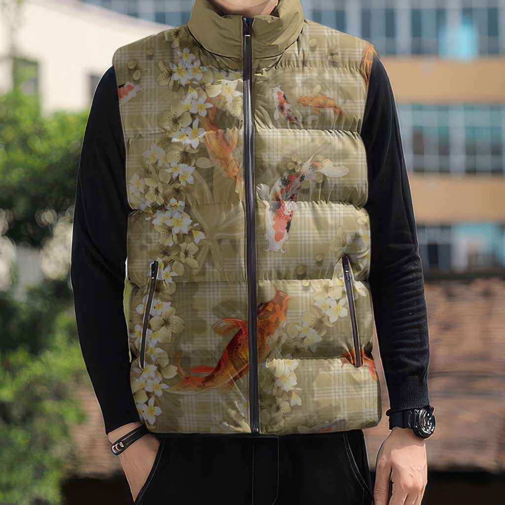 Beige Palaka Hawaiian And Japanese Sleeveless Puffer Jacket Sakura Lei With Koi Fish DT05 - Polynesian Pride