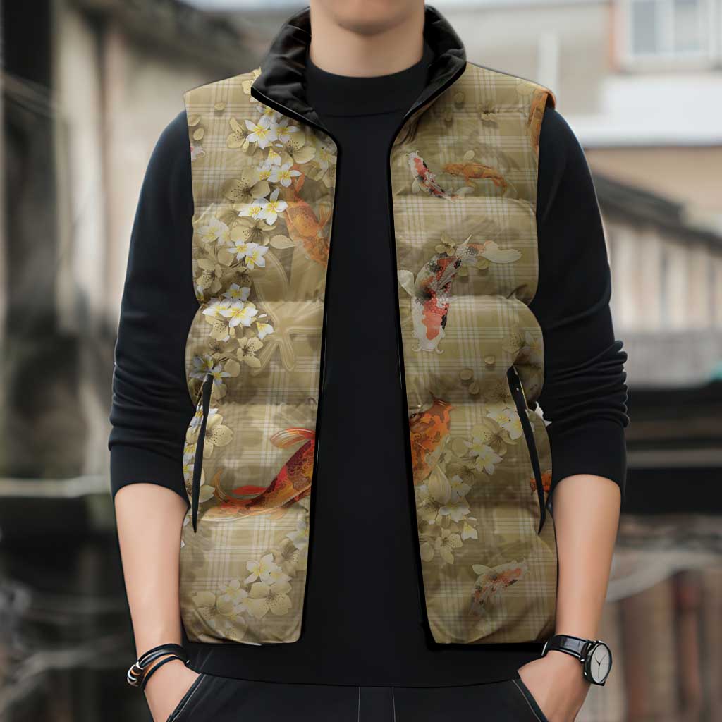 Beige Palaka Hawaiian And Japanese Sleeveless Puffer Jacket Sakura Lei With Koi Fish DT05 - Polynesian Pride