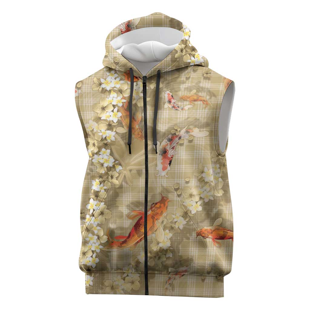 Beige Palaka Hawaiian And Japanese Sleeveless Zip Hoodie Sakura Lei With Koi Fish DT05 Beige - Polynesian Pride