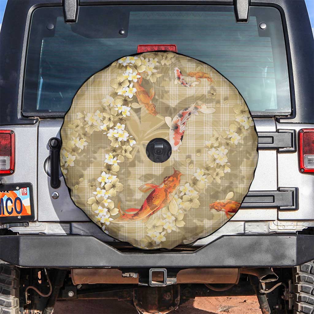 Beige Palaka Hawaiian And Japanese Spare Tire Cover Sakura Lei With Koi Fish - Polynesian Pride