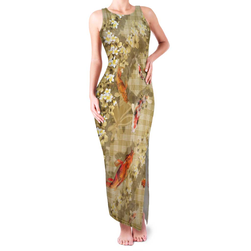 Beige Palaka Hawaiian And Japanese Tank Maxi Dress Sakura Lei With Koi Fish - Polynesian Pride