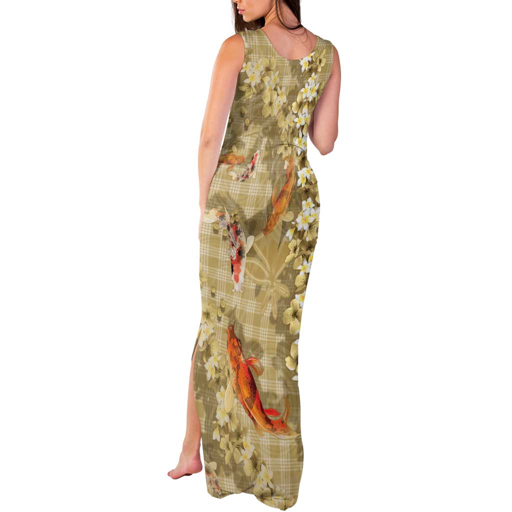 Beige Palaka Hawaiian And Japanese Tank Maxi Dress Sakura Lei With Koi Fish - Polynesian Pride