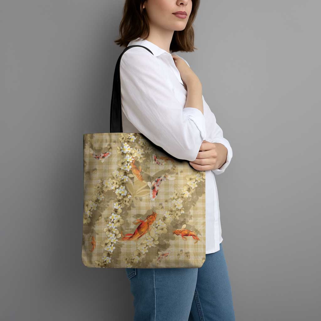 Beige Palaka Hawaiian And Japanese Tote Bag Sakura Lei With Koi Fish - Polynesian Pride
