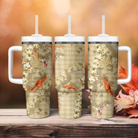 Beige Palaka Hawaiian And Japanese Tumbler With Handle Sakura Lei With Koi Fish - Polynesian Pride