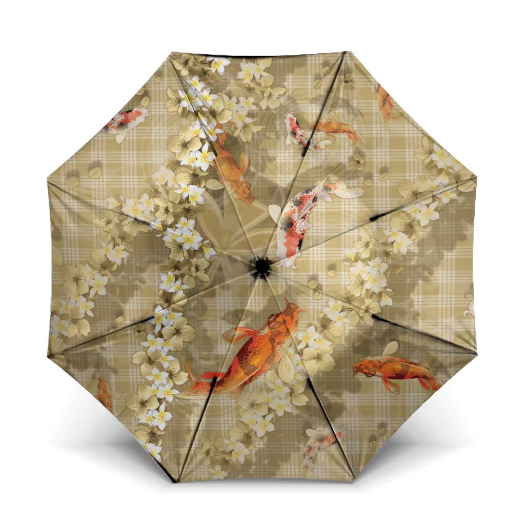 Beige Palaka Hawaiian And Japanese Umbrella Sakura Lei With Koi Fish DT05 One Size Folded 11.42 inch Opened Diameter 37.4 inch Beige - Polynesian Pride