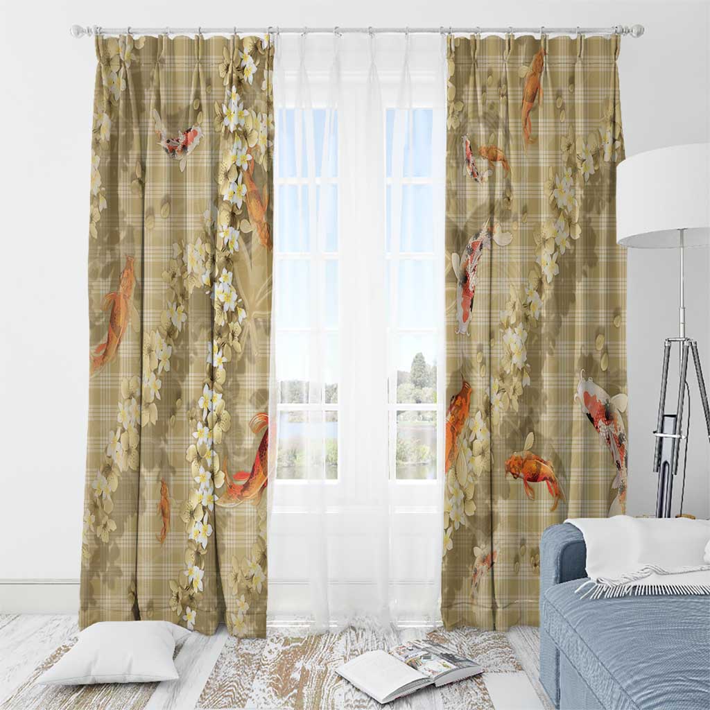 Beige Palaka Hawaiian And Japanese Window Curtain Sakura Lei With Koi Fish - Polynesian Pride