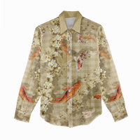 Beige Palaka Hawaiian And Japanese Women Casual Shirt Sakura Lei With Koi Fish - Polynesian Pride
