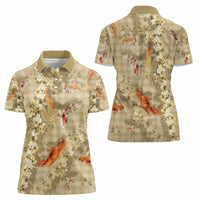 Beige Palaka Hawaiian And Japanese Women Polo Shirt Sakura Lei With Koi Fish - Polynesian Pride